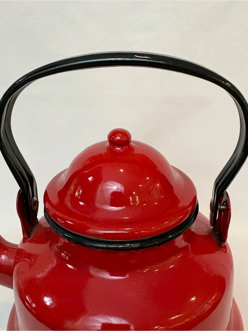 Vintage Emailul Romania Red Enamel Tea Kettle Black Trim